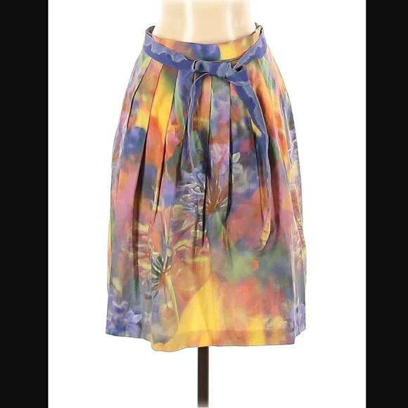 Moschino Skirt 4 Floral Tie Dye Pleated Flare Belt Luxury Painting Multicolor - Picture 1 of 13